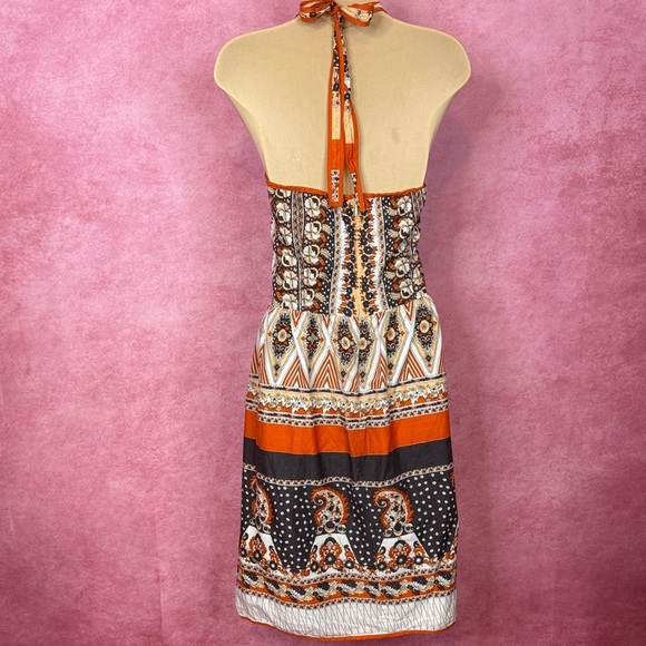 126. Something Girl Boho Halter Sundress Multicolor Orange Black Print Size L - Picture 3 of 5